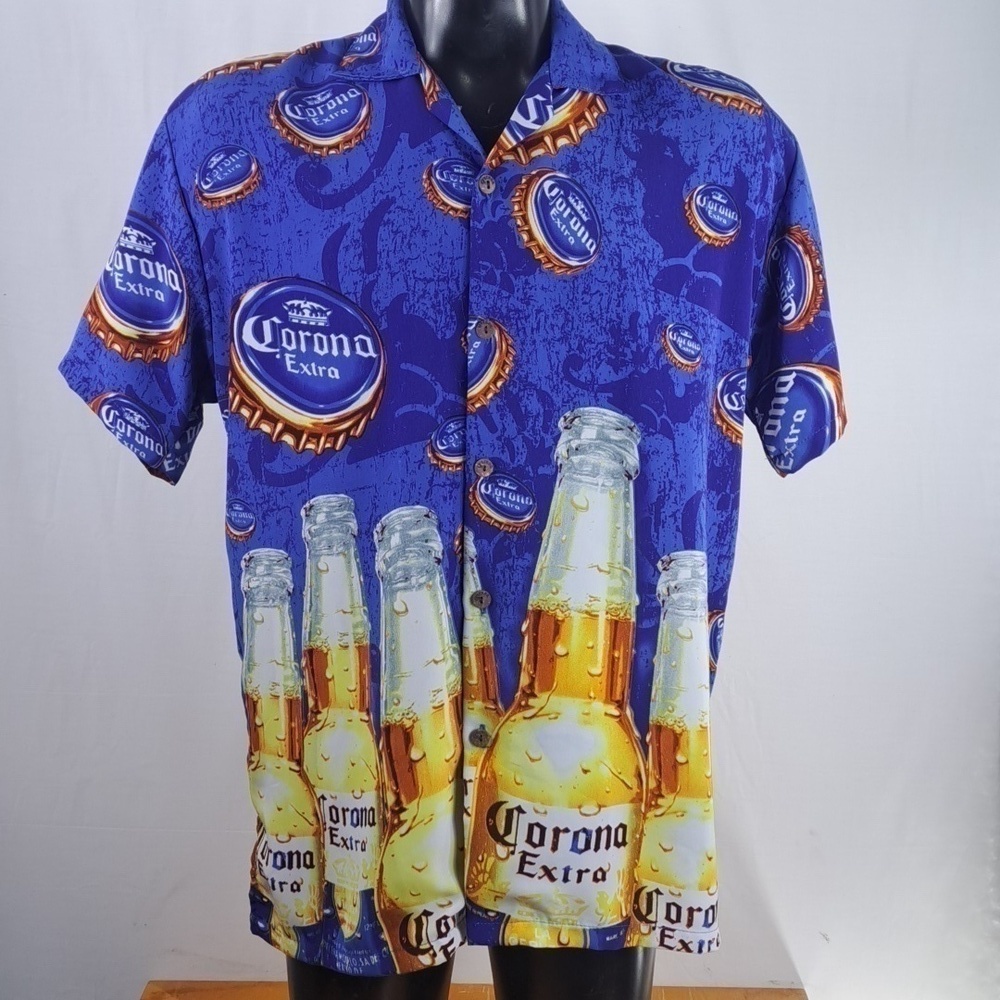 Corona Extra beer AOP spellout LG blue & yellow casual button-down summer shirt
